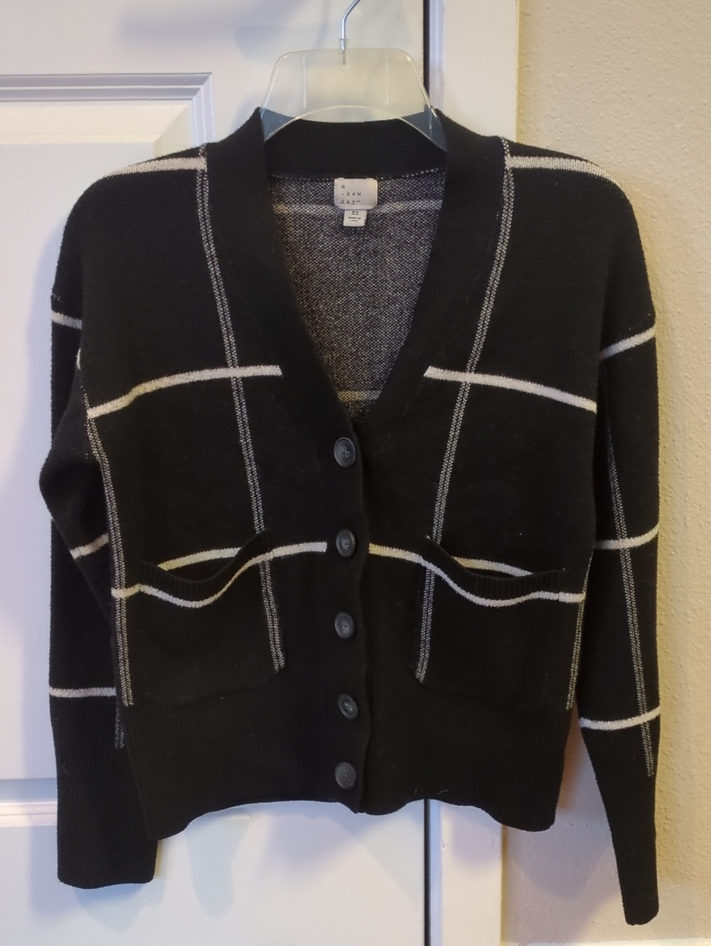 Black Cardigan with White Windowpane Lines